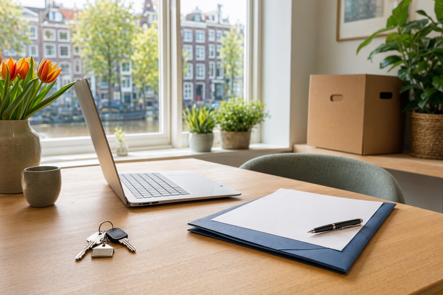 Dutch House Buying Terms In English 2 Photo of buyer documents, keys, and laptop for taxatie preparation.