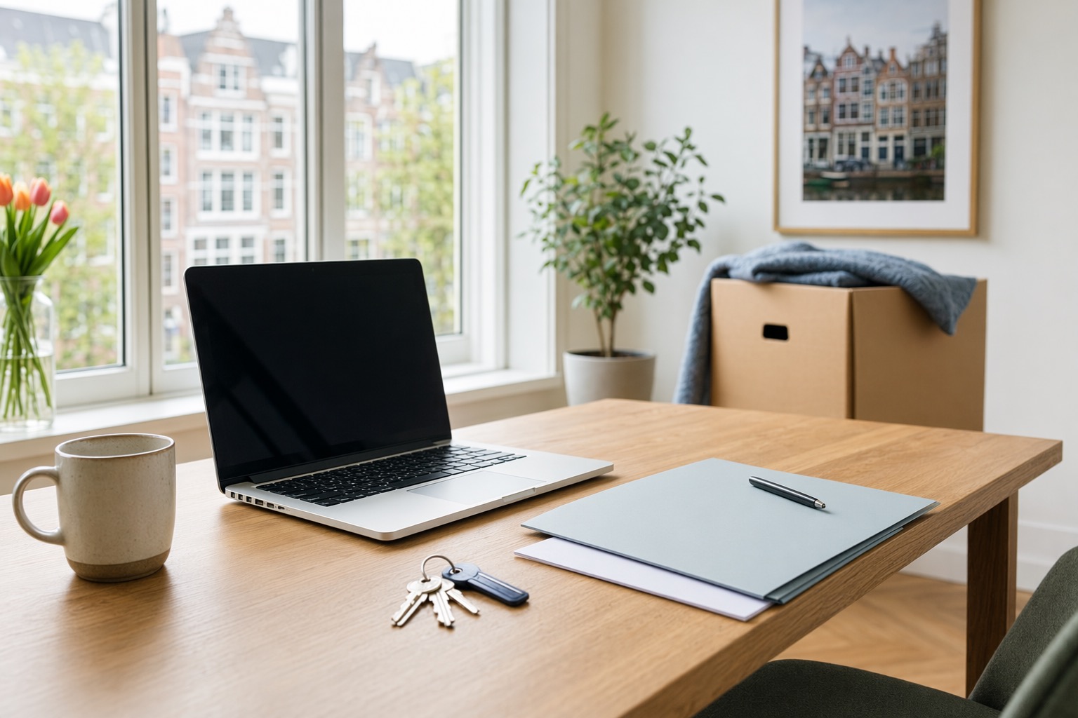 Laptop, sleutels en documenten voor het voorbereiden van een bod