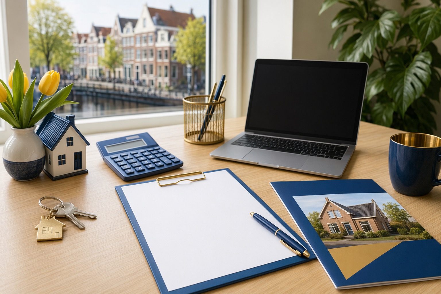 Annuiteit of lineair hypotheek berekenen 1 Bureau met calculator, rapportmap en woningdocumenten voor kosten- en maandlastberekeningen.