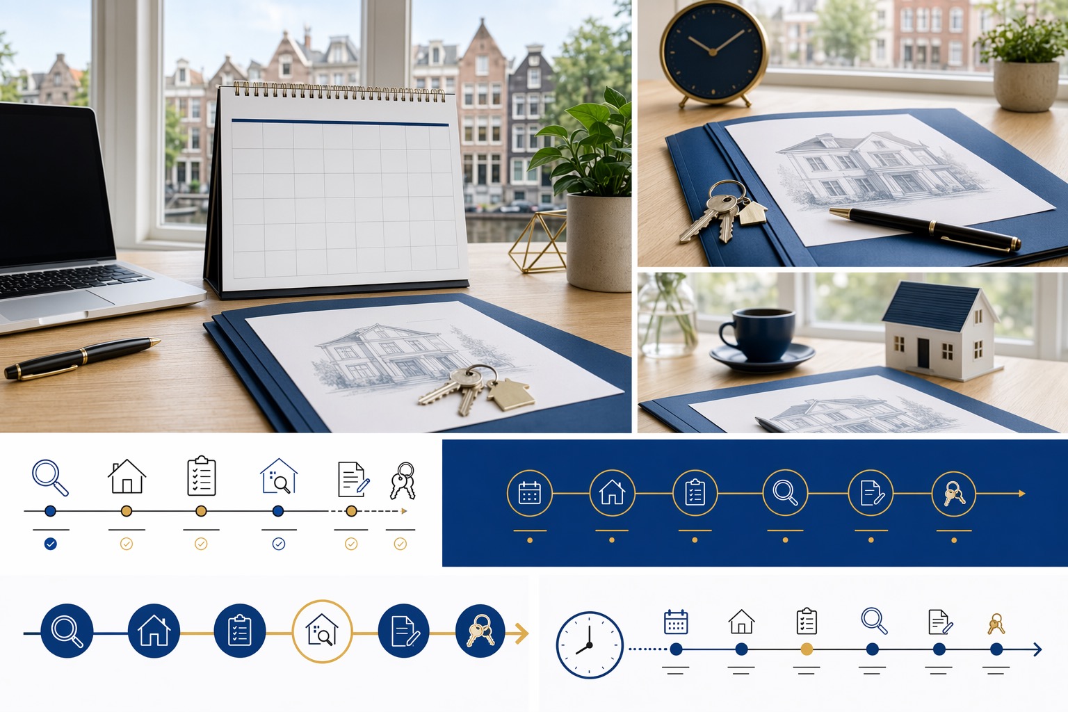 Bureau met kalender, rapportdocumenten en rekennotities voor hypotheekplanning.