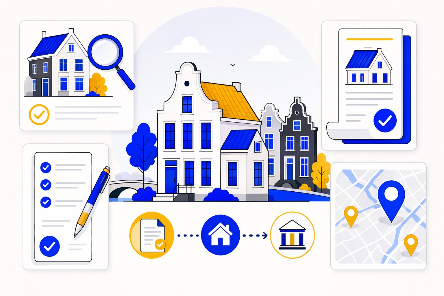 Illustratie van een NHG-taxatieroute met woning, checklist en financieringsdocumenten.