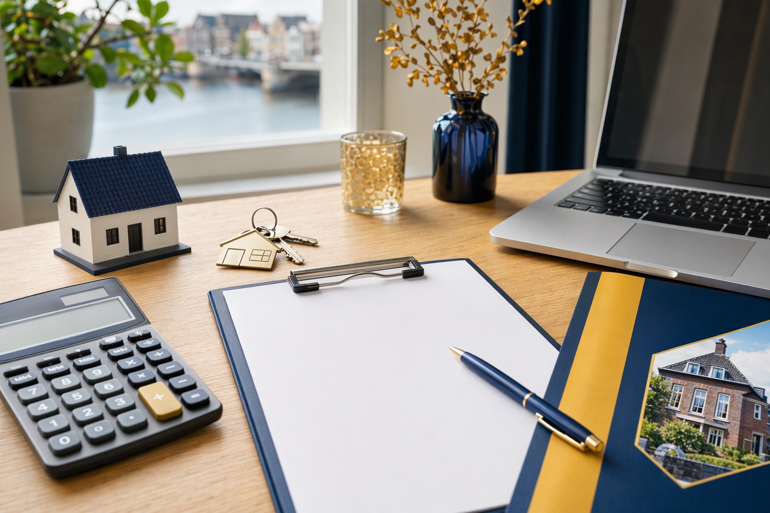 Taxatiekosten en woningwaarde voorbereid met calculator en rapportstukken.