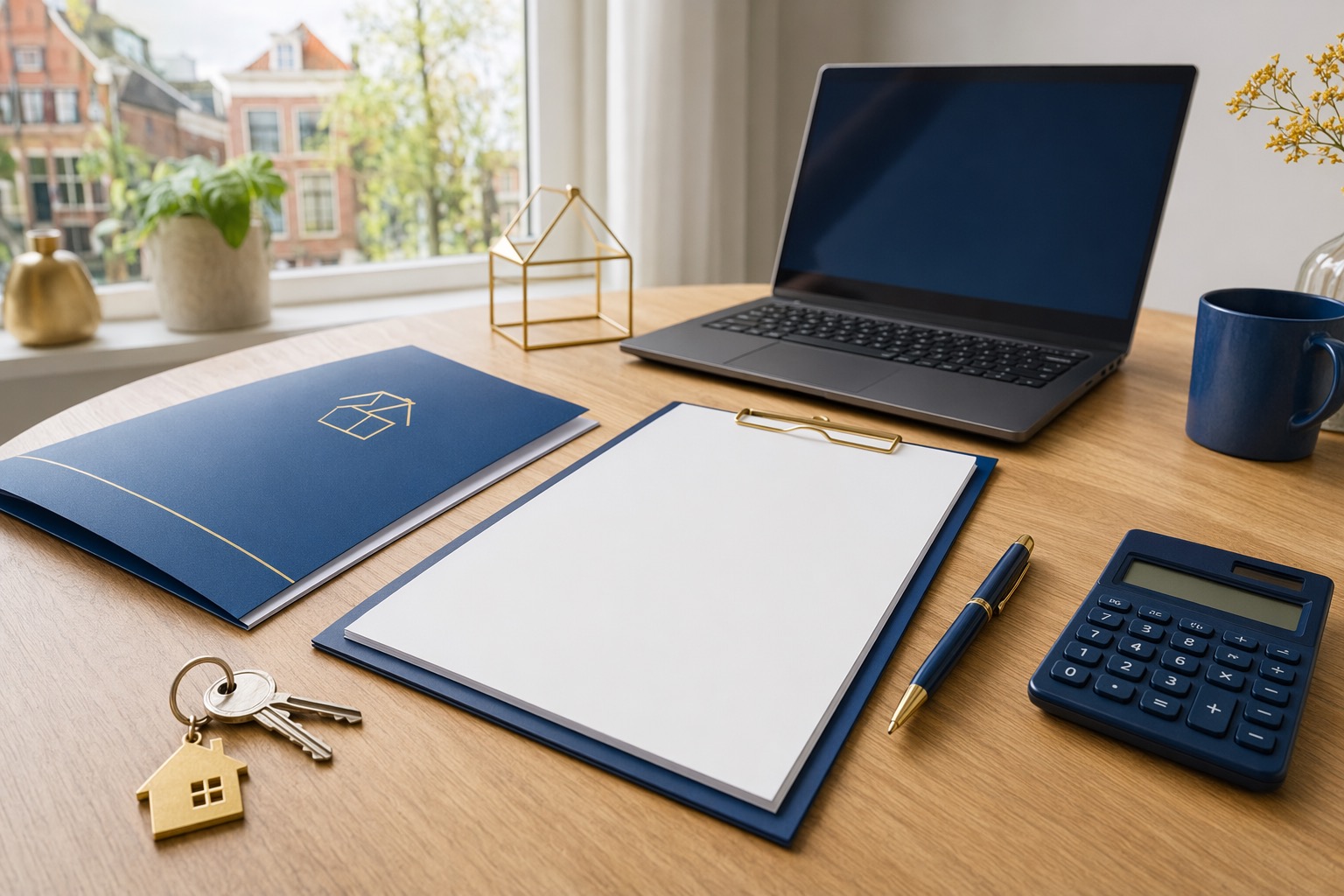 Kostenoverzicht voor een woningtaxatie met calculator, sleutels en dossiermap.