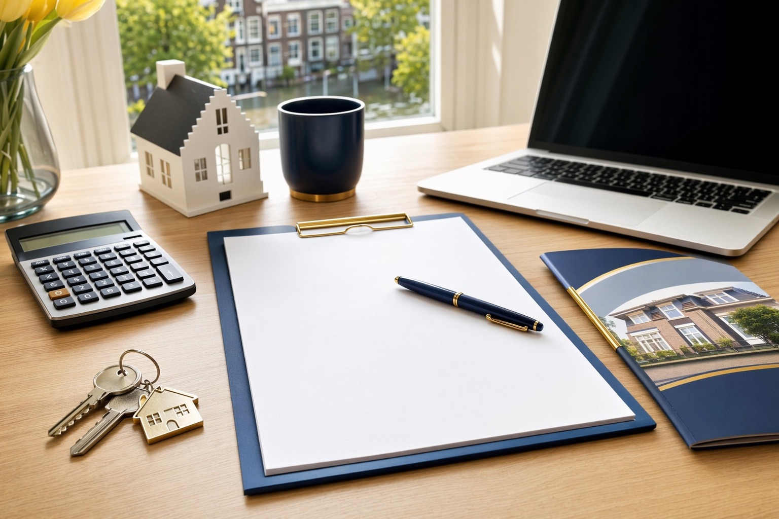 Annuiteit of lineair hypotheek berekenen 2 Laptop, documenten en calculator voor het voorbereiden van woning- en financieringskosten.