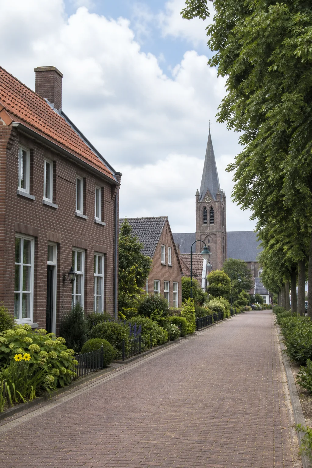 Quiet tree-lined residential street with Dutch homes in Aarle-Rixtel, North Brabant