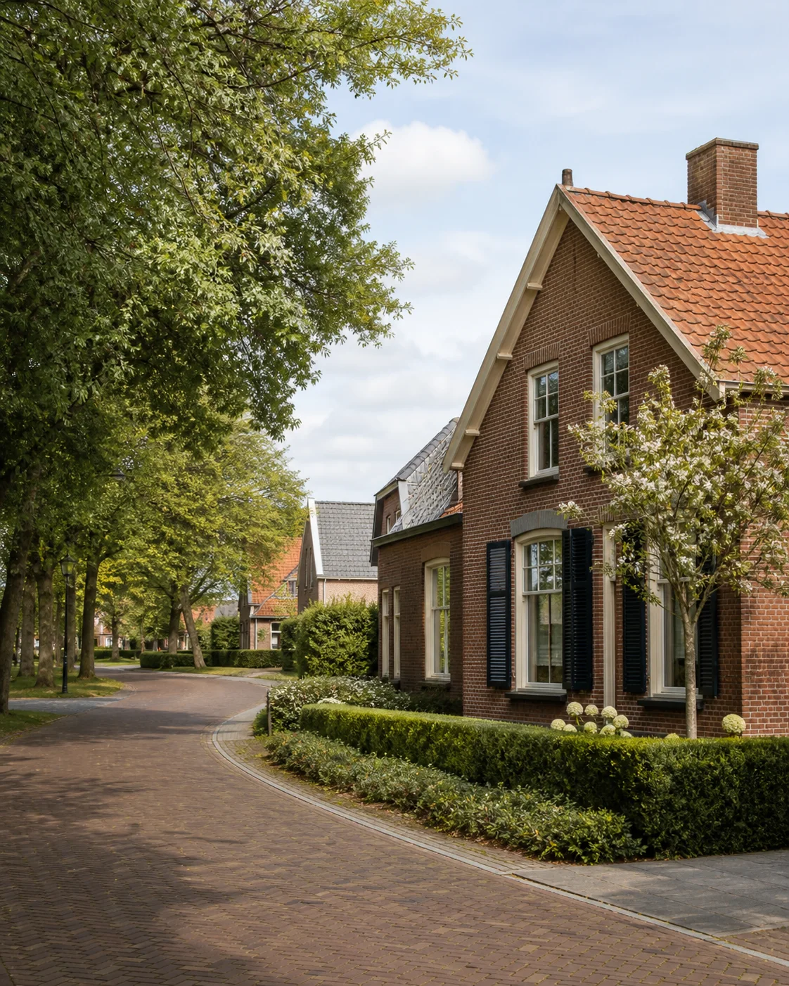 House Valuation in Bergeijk 1 Bergeijk historic village lane with brick homes, green edge and church tower, North Brabant