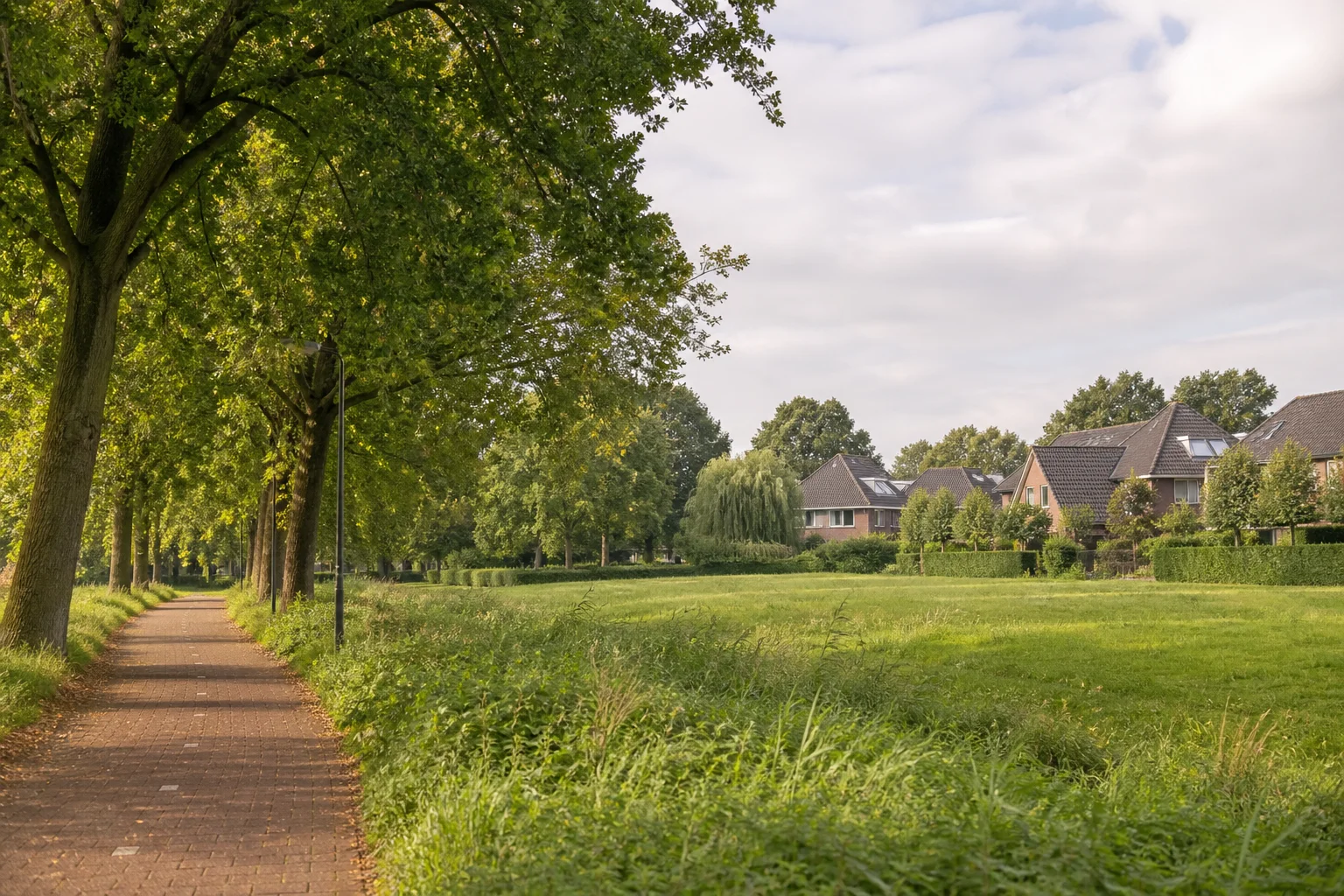 Tree-lined cycle path, green corridor and residential edge in Blixembosch-West