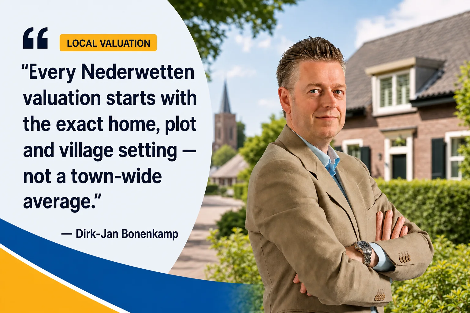 Dirk-Jan Bonenkamp beside a quote about how Nederwetten valuations consider the exact home, plot and village setting