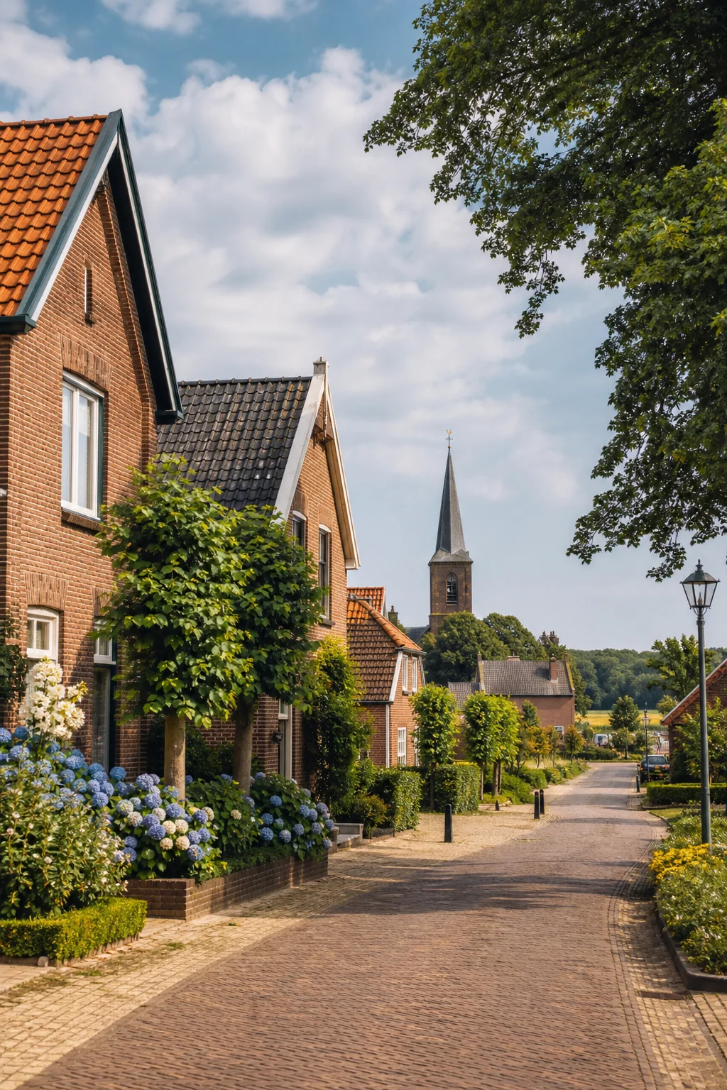 House Valuation in Eersel 1 Eersel historic village lane with brick homes, green edge and church tower, North Brabant