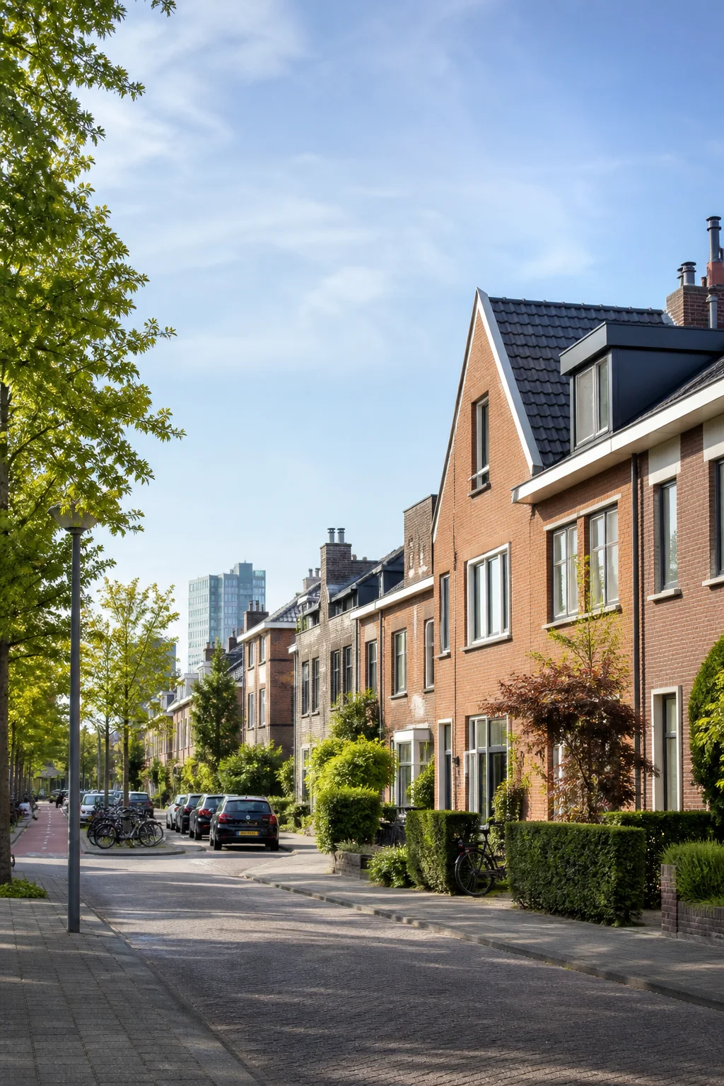 House Valuation in Eindhoven 1 Eindhoven residential street with Dutch homes, cycling infrastructure, trees and a city skyline in the distance