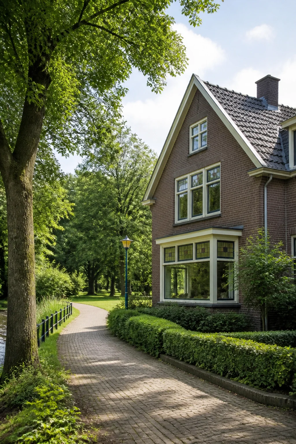Portrait view of a Dutch residential street and park edge in Gennep