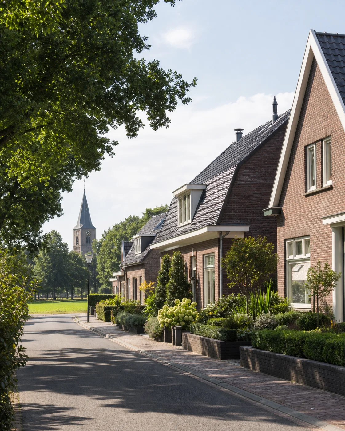 House Valuation in Heeze: Prices, Liveability & Outlook (2026) 1 Portrait view of a Heeze residential street with brick homes, green space and a church tower