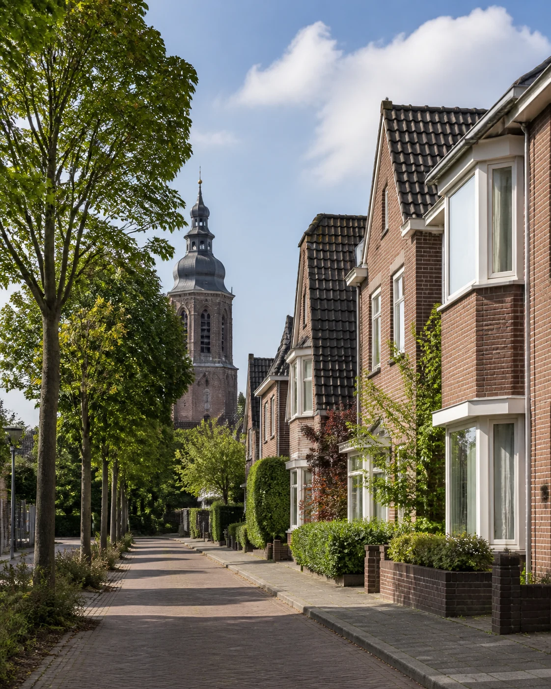Quiet tree-lined residential street with Dutch homes in Helmond, North Brabant