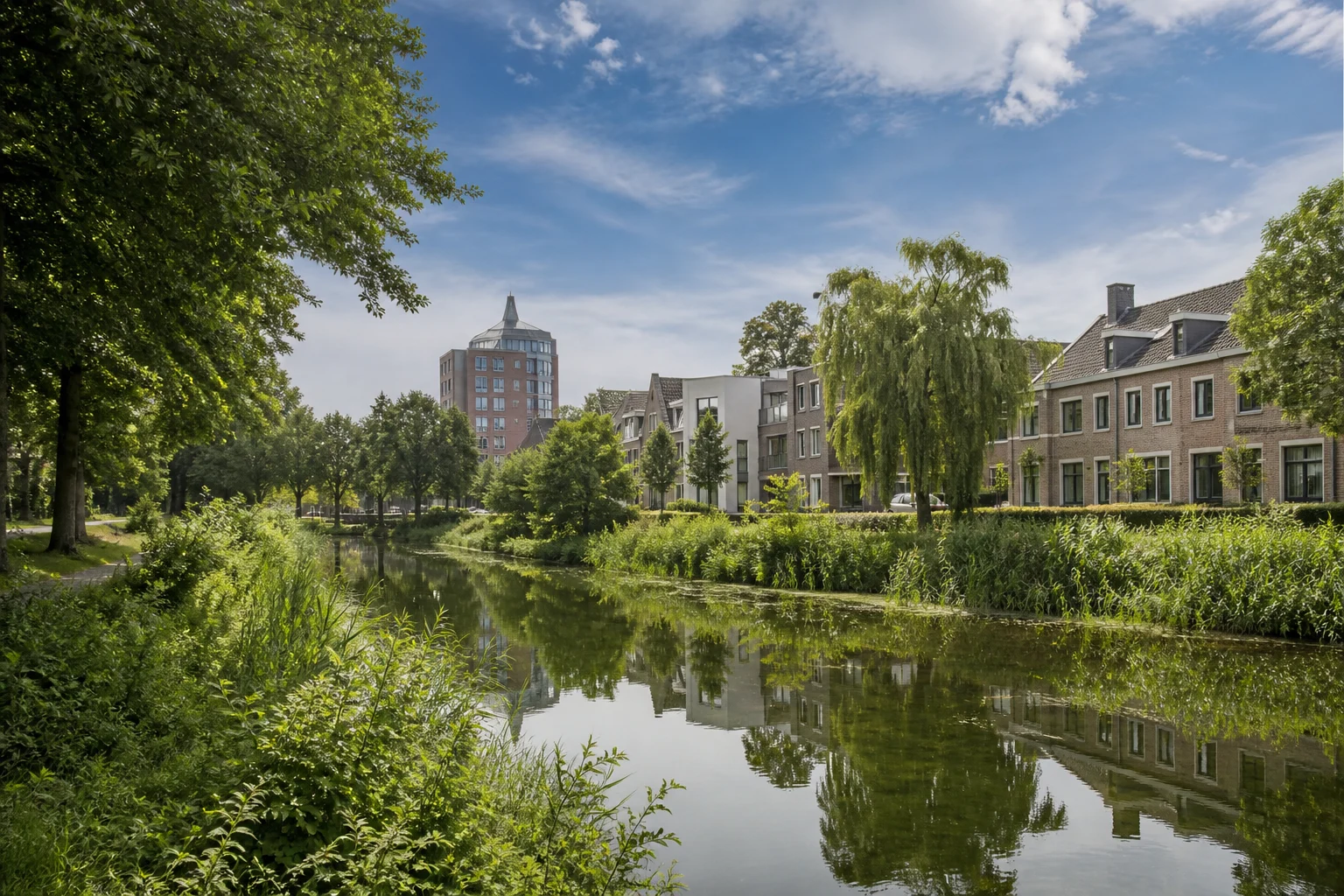 Green Helmond lane beside a meadow and mature trees in North Brabant