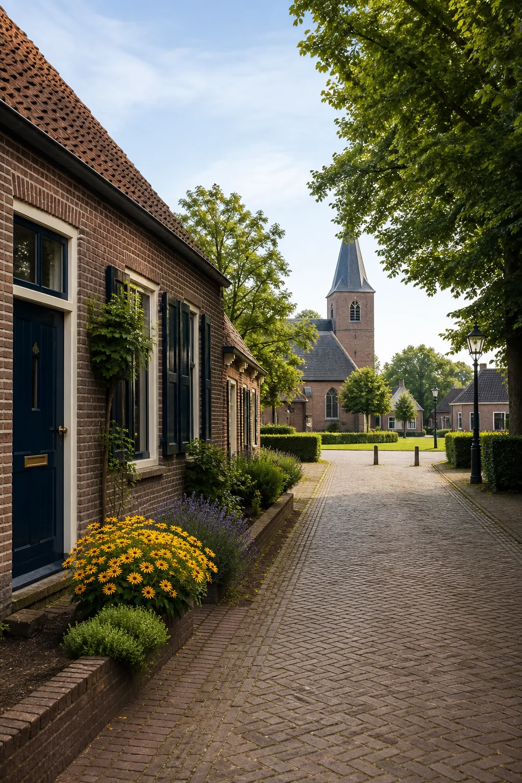 Knegsel village lane with brick homes and trees, North Brabant