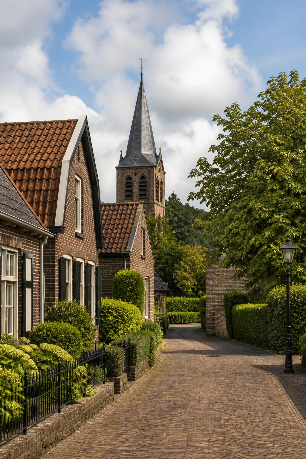 Leende church village lane with brick homes and trees, North Brabant