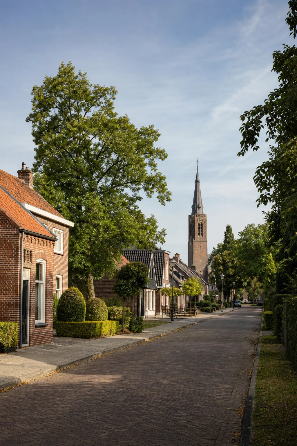Maarheeze village street with brick homes, mature trees and church tower, North Brabant