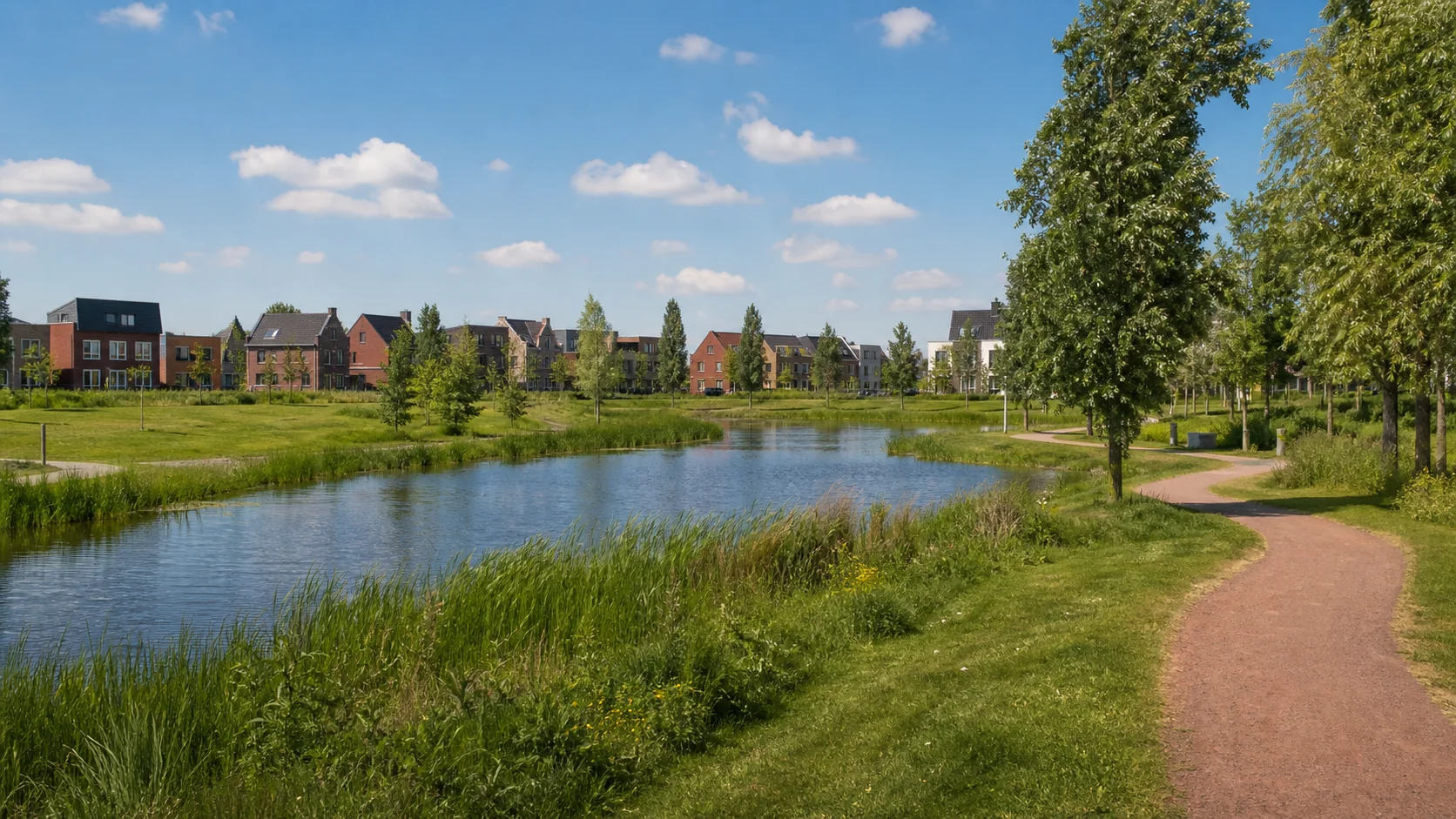 House Valuation in Meerhoven 3 Green Meerhoven cycle path beside mature trees, water and residential homes in Eindhoven