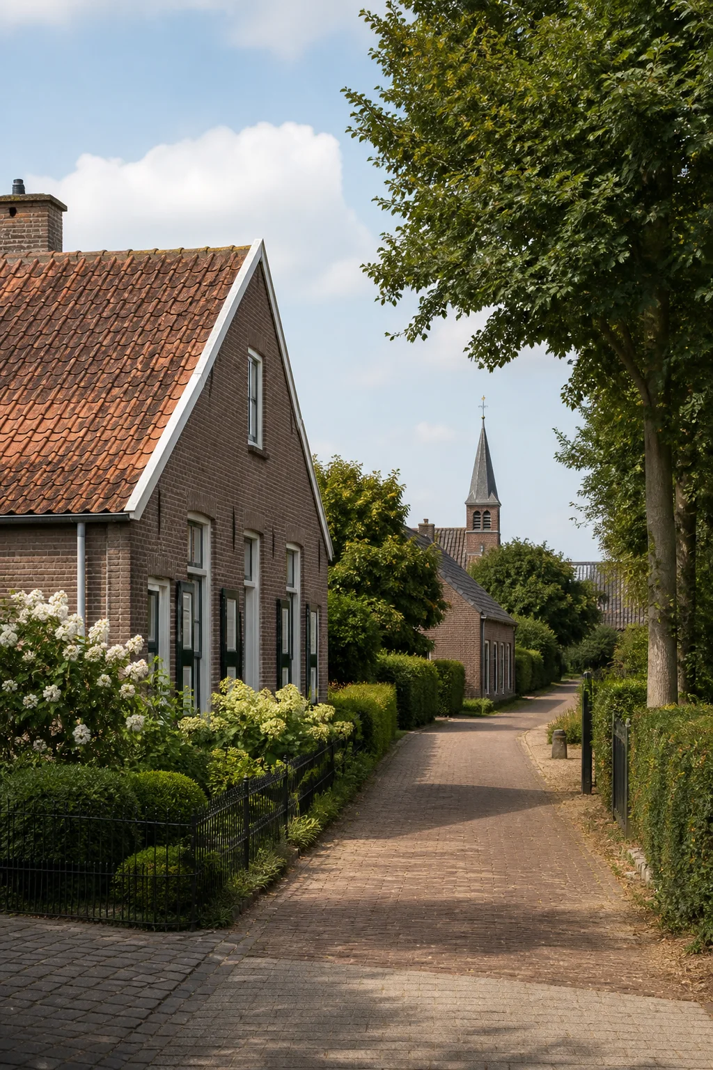 Traditional brick village house and church lane in Nederwetten, North Brabant