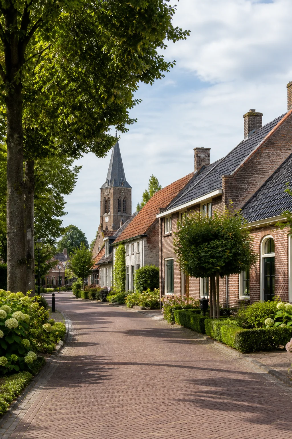 House Valuation in Nuenen 1 Nuenen village street with brick homes, mature trees and church tower, North Brabant