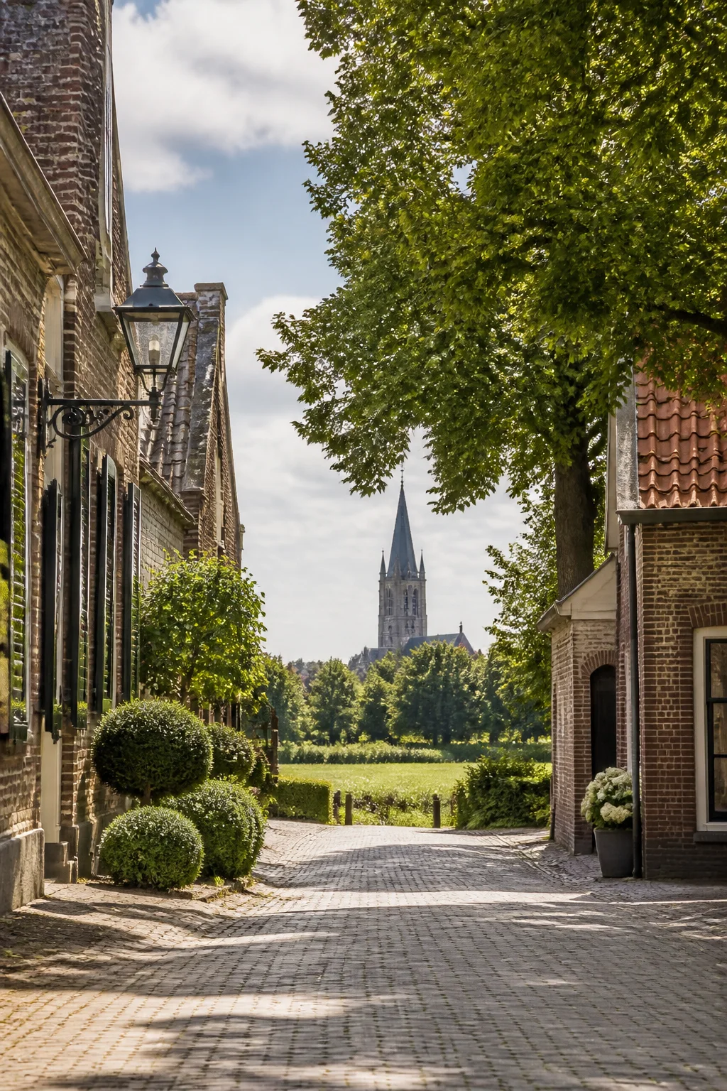 House Valuation in Oirschot 1 Oirschot historic village lane with brick homes, green edge and church tower, North Brabant