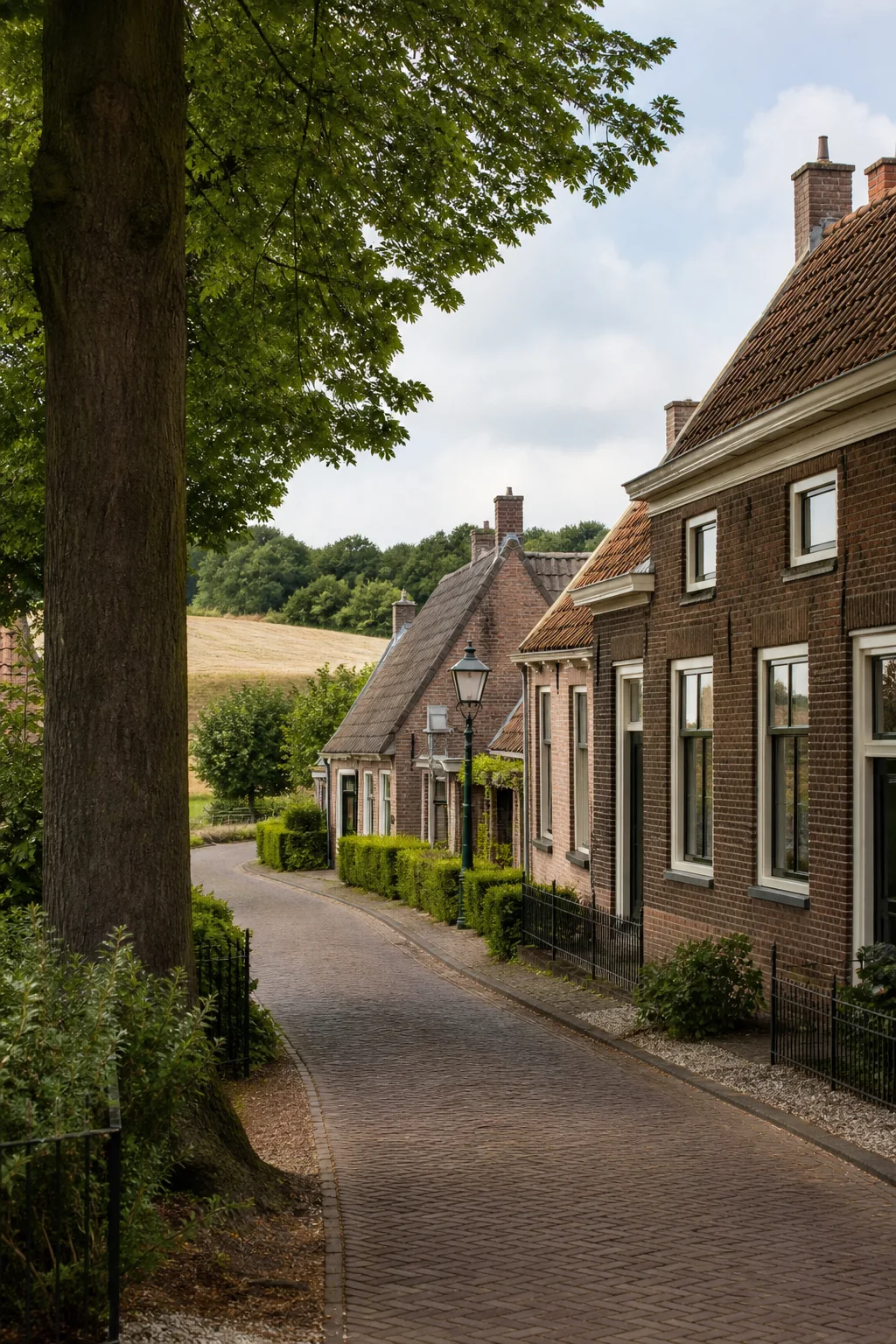 Riethoven village lane with brick homes, fields and trees, North Brabant