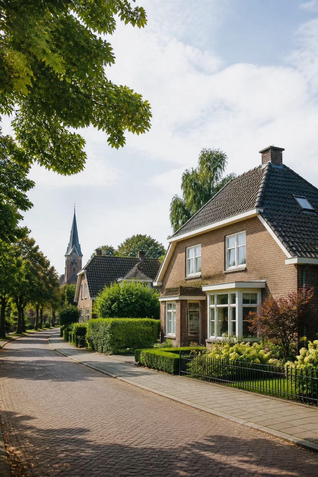 House Valuation in Son en Breugel 1 Son en Breugel historic village lane with brick homes, green edge and church tower, North Brabant