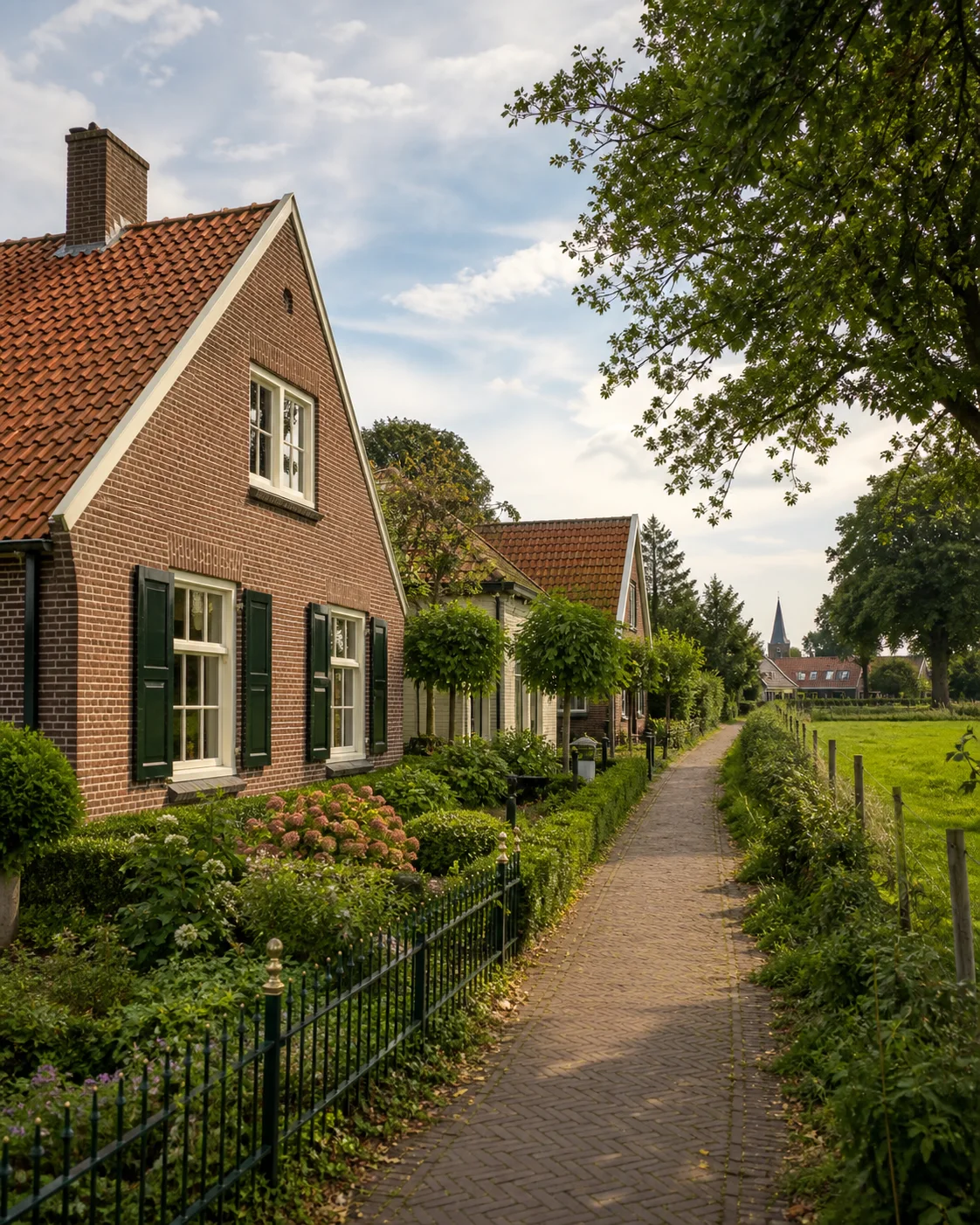 Portrait view of a brick Dutch village house and footpath beside green fields in Sterksel