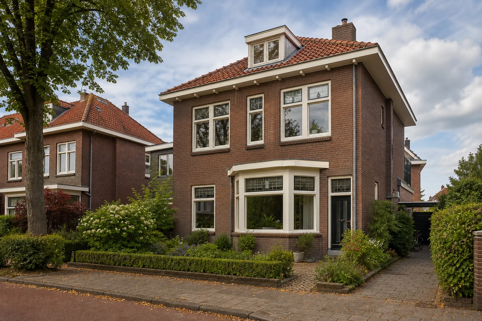 Representative detached Dutch family home with garden and driveway in Tongelre