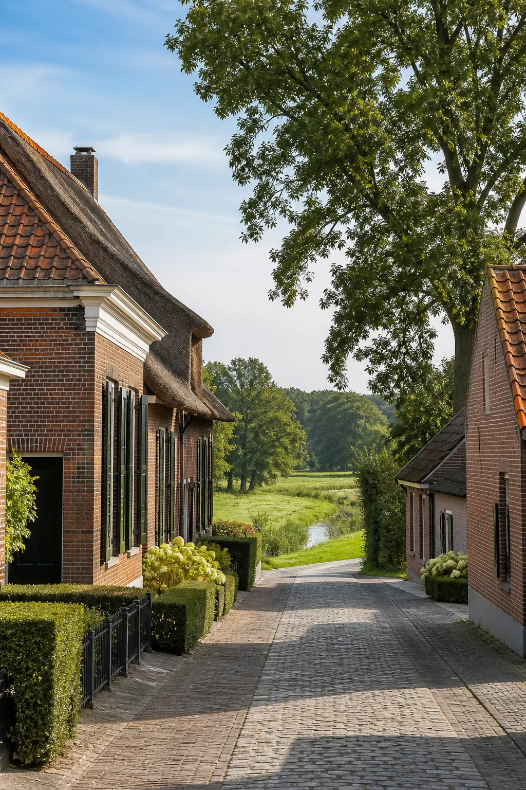 House Valuation in Vessem 1 Vessem village lane with brick homes and trees, North Brabant