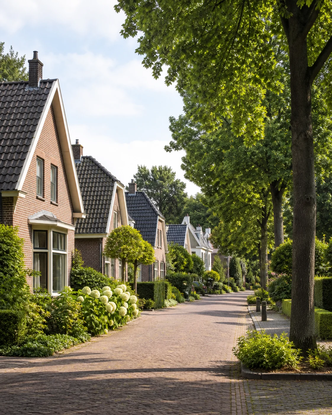 Quiet tree-lined residential street with Dutch homes in Waalre, North Brabant