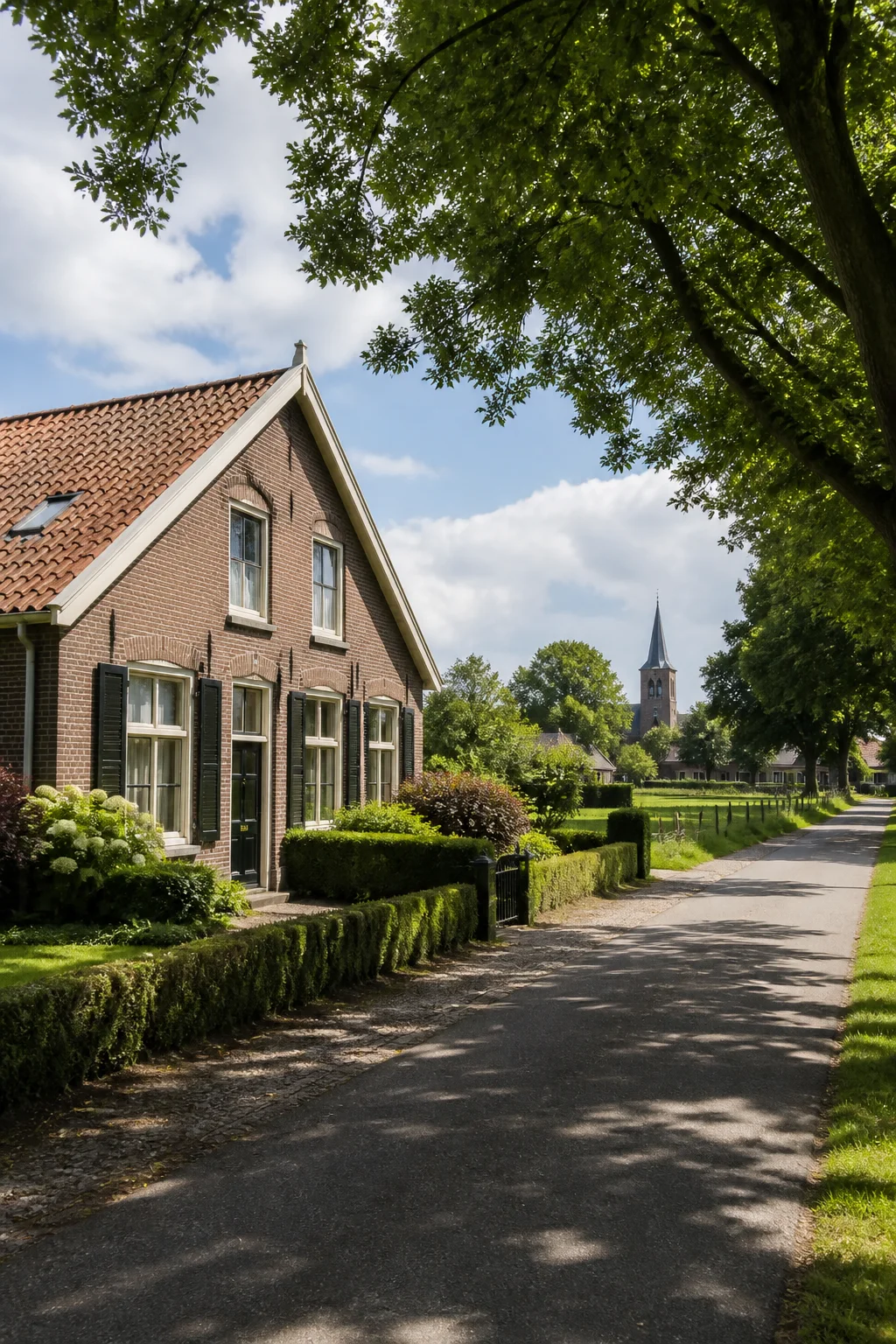 House Valuation in Wintelre 1 Wintelre historic village lane with brick homes, green edge and church tower, North Brabant