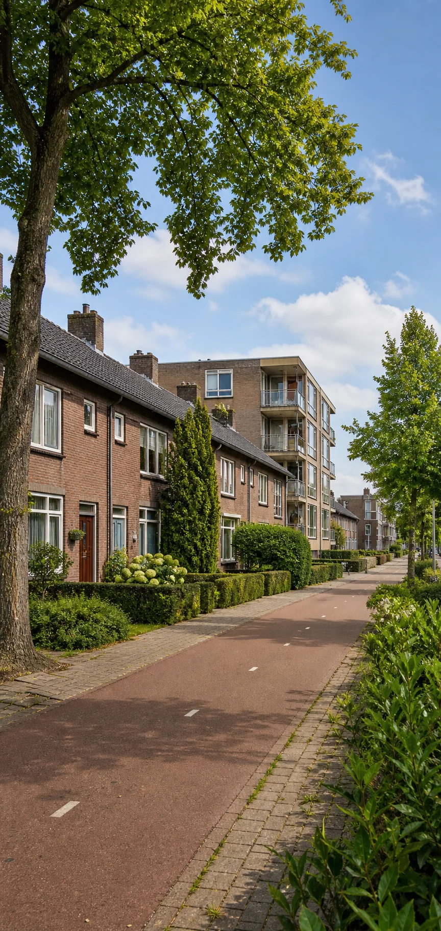 Woensel Eindhoven street with brick homes, apartments and a green cycle connection