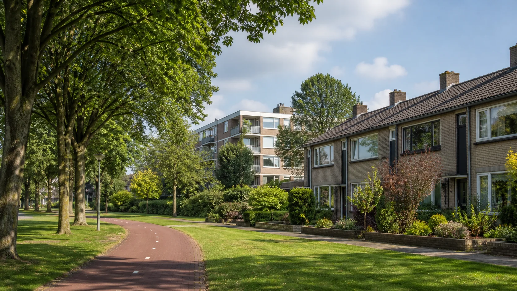 Woensel green edge with a cycle path, mature trees, homes and apartment buildings in Eindhoven