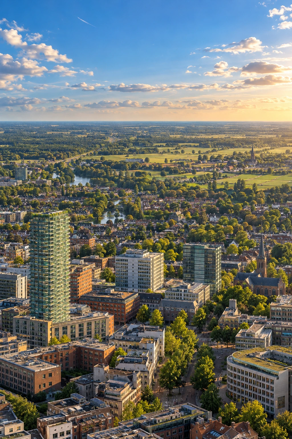 Property valuation in Eindhoven: compare neighbourhoods and North Brabant towns 1 Vivid elevated view from Eindhoven city neighbourhoods toward green North Brabant towns and countryside